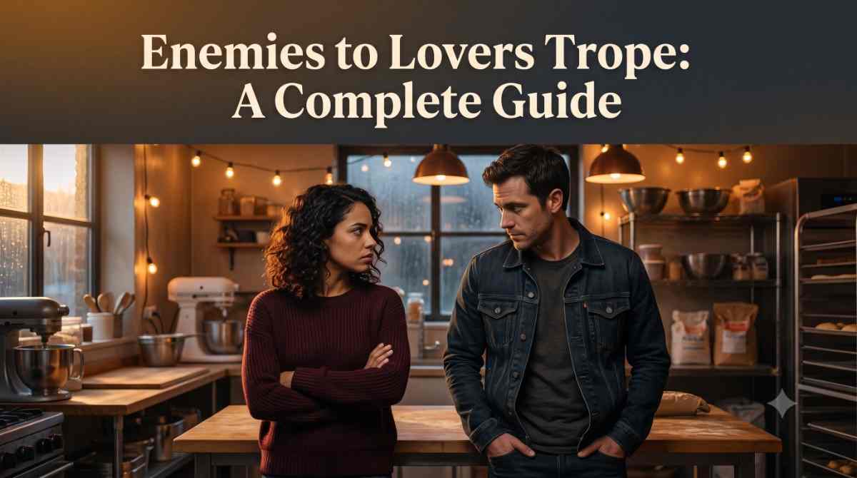 Enemies to Lovers Trope – Complete Guide Featured Image A man and woman standing close but facing away from each other with arms crossed, tense expression, warm golden-hour lighting in a cozy kitchen setting This version describes exactly what's visible in the frame — pose, expression, lighting, setting — the way a screen reader user or Google Image search would actually need it described. I dropped "enemies to lovers trope" here since the image itself doesn't show a trope, it shows two people in a tense moment — the trope is your interpretation of it, not a visual fact.