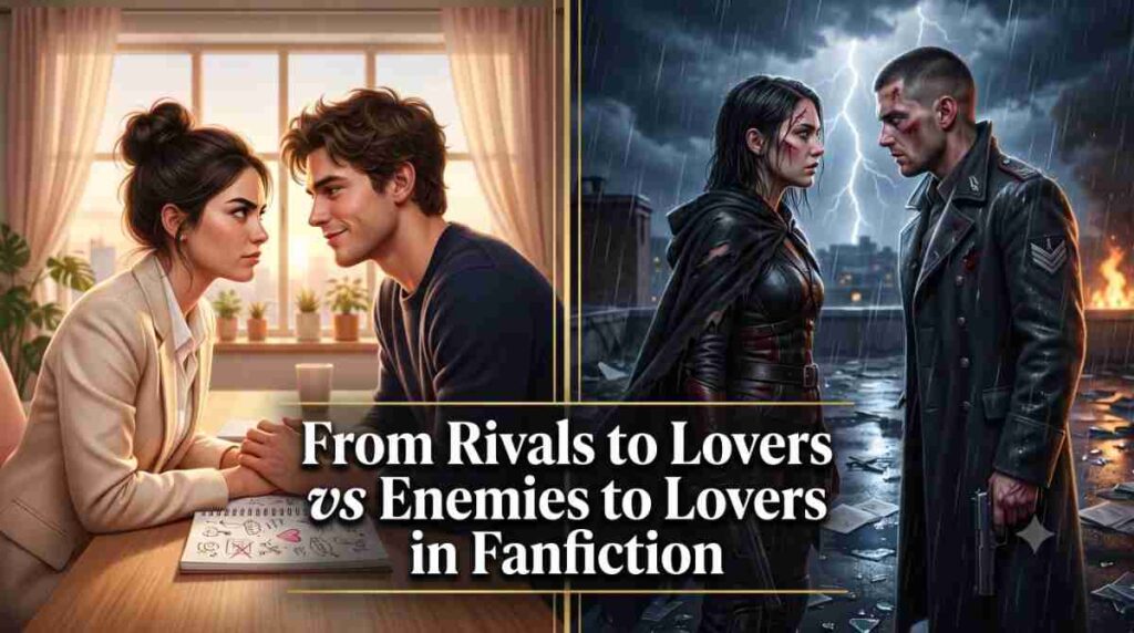 A photorealistic split-screen magazine cover contrasting From Rivals to Lovers vs Enemies to Lovers in Fanfiction. The left side shows two professionals in a sunlit co-working space with playful tension. The right side shows two battle-worn figures on a rain-soaked rooftop with intense hatred. Bold white serif text overlays the center reading From Rivals to Lovers vs Enemies to Lovers in Fanfiction. A gold vertical divider separates the two halves.