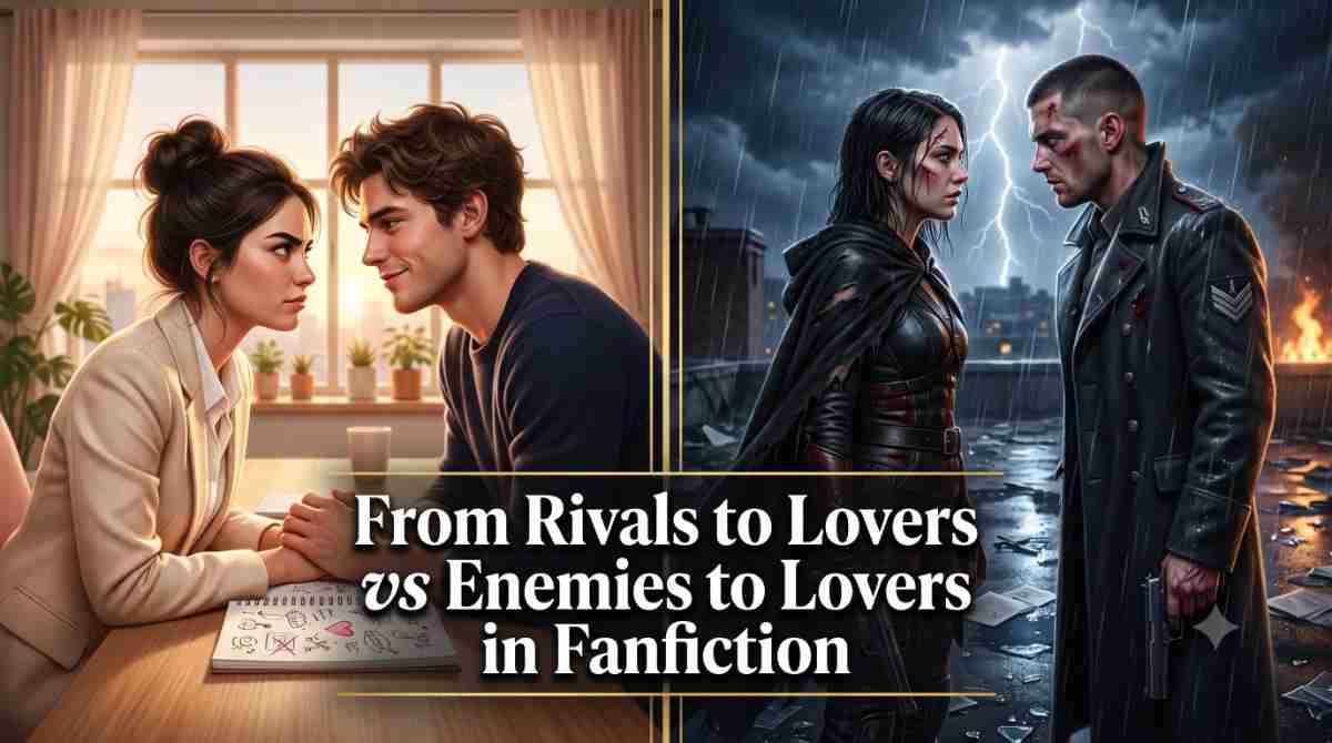 A photorealistic split-screen magazine cover contrasting From Rivals to Lovers vs Enemies to Lovers in Fanfiction. The left side shows two professionals in a sunlit co-working space with playful tension. The right side shows two battle-worn figures on a rain-soaked rooftop with intense hatred. Bold white serif text overlays the center reading From Rivals to Lovers vs Enemies to Lovers in Fanfiction. A gold vertical divider separates the two halves.