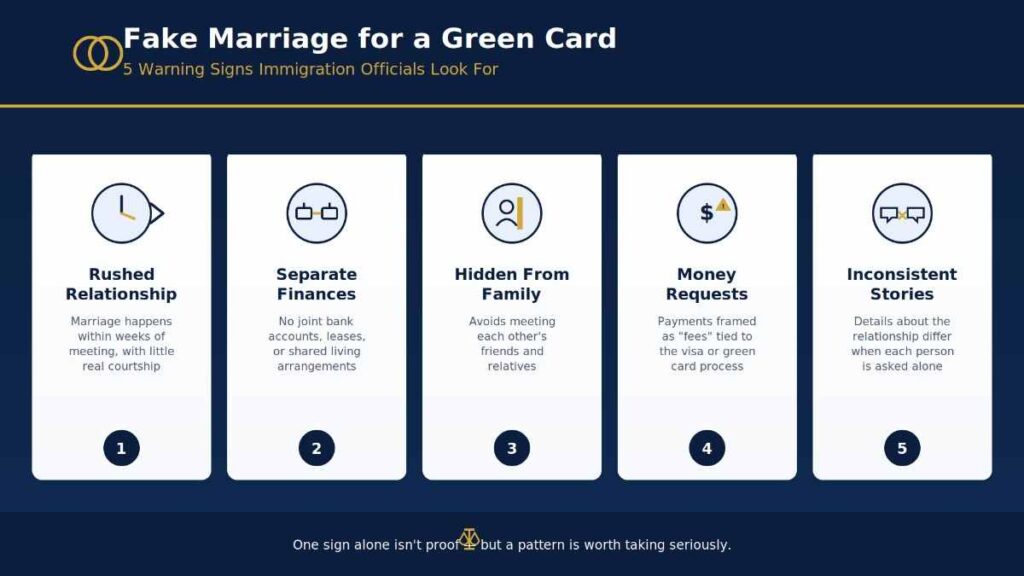 Fake marriage for a green card — infographic showing 5 warning signs immigration officials look for