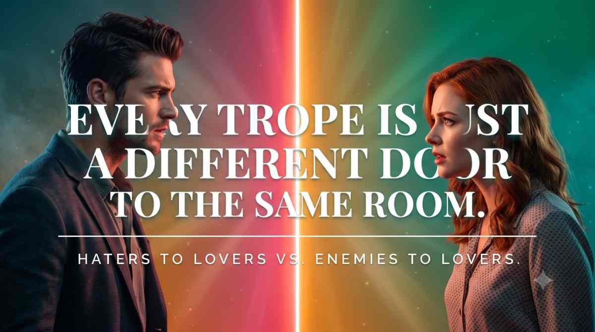 Haters to Lovers vs. Enemies to Lovers: What’s the Real Difference? – Feature Image Haters to lovers vs enemies to lovers feature image with two characters in tension