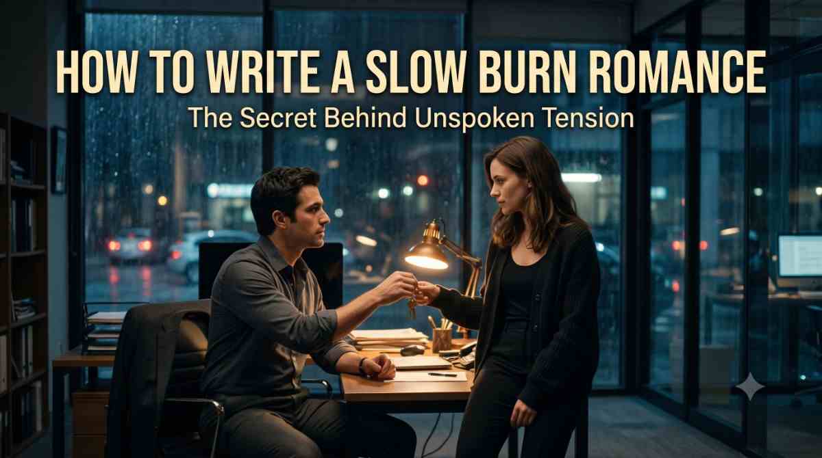 How to Write a Slow Burn Romance – The Secret Behind Unspoken Tension A cinematic wide shot of two coworkers in a dimly lit office late at night illustrating how to write a slow burn romance with unspoken tension.