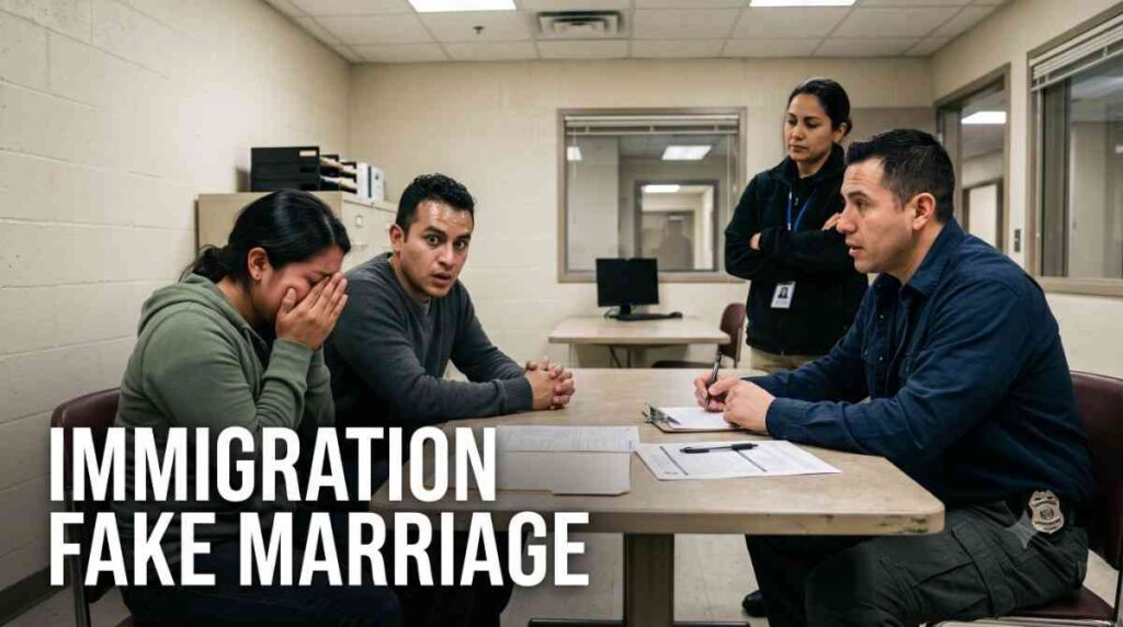 IMMIGRATION FAKE MARRIAGE — young couple questioned by immigration officers during a fraud investigation