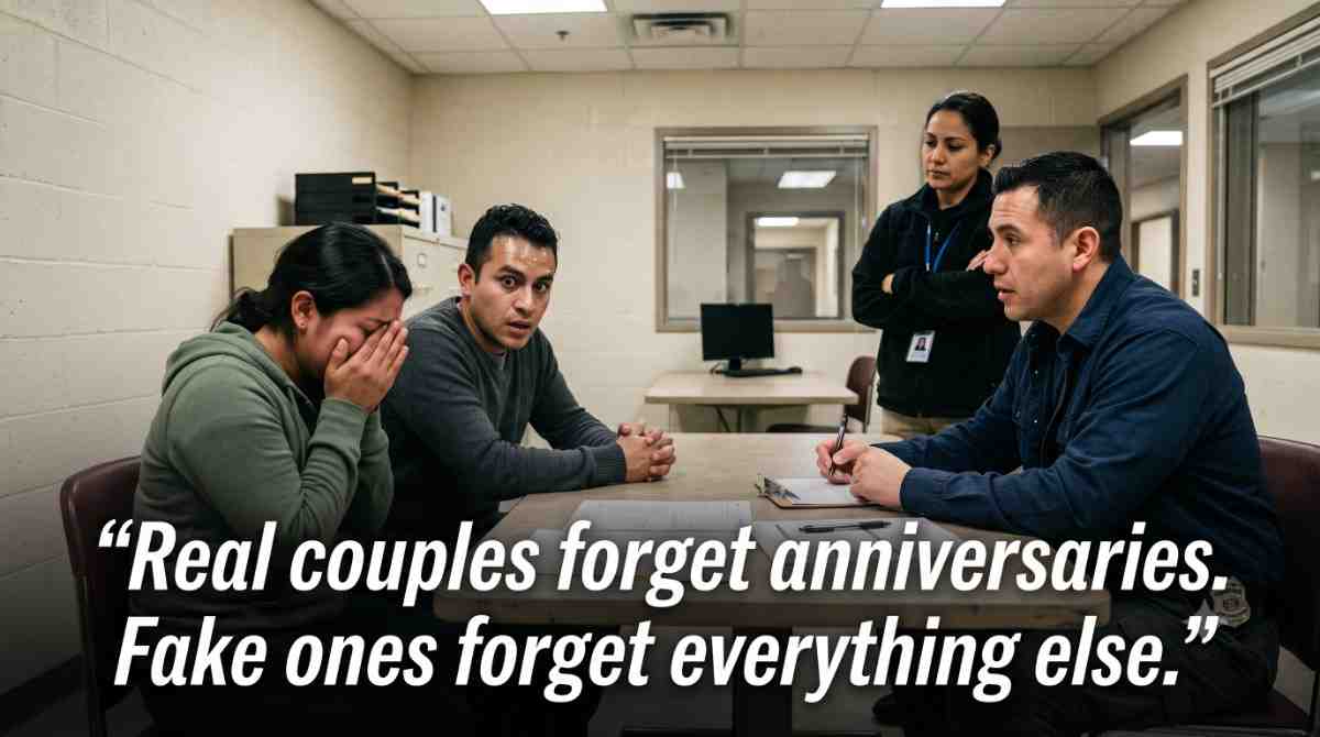 Immigration Fake Marriage Investigation Interview Immigration fake marriage investigation — couple questioned by officers, quote reads "Real couples forget anniversaries. Fake ones forget everything else."