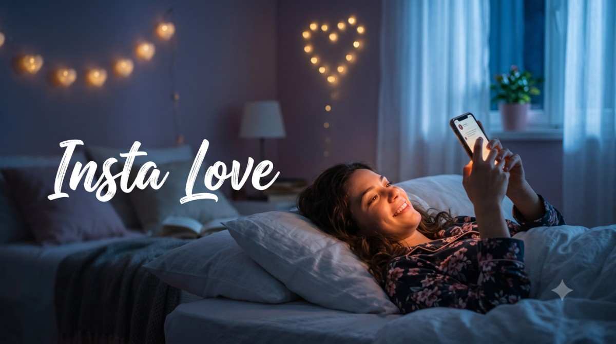 A young woman smiling at her phone screen at night, representing the dreamy feeling of Insta Love.