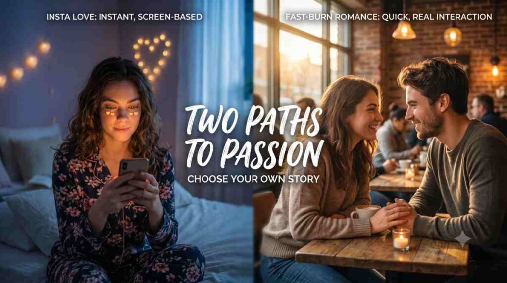 A split screen comparing Insta Love on a smartphone and fast-burn romance with a couple in a coffee shop, showing the difference between instant online love and quick real connection.