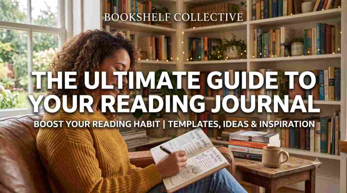 DIY Reading Journal for Book Lovers: Setup Guide Woman writing in an open notebook beside bookshelves for a reading journal for book lovers guide.