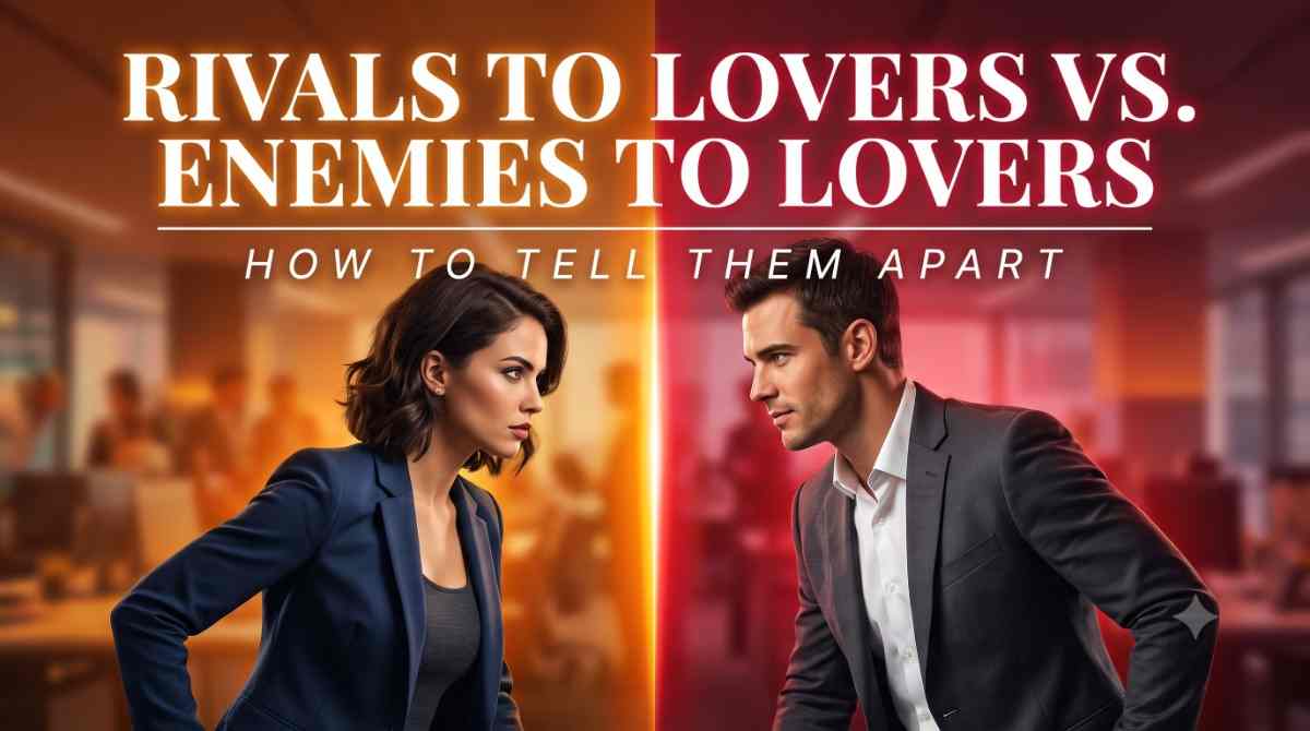 Rivals to Lovers vs. Enemies to Lovers: How to Tell Them Apart – Feature Image Rivals to lovers vs enemies to lovers feature image with two characters in tension