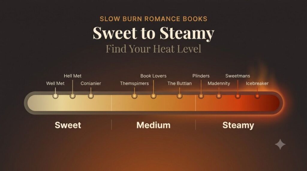 Horizontal thermometer infographic showing slow burn romance books ranked from sweet to steamy heat levels