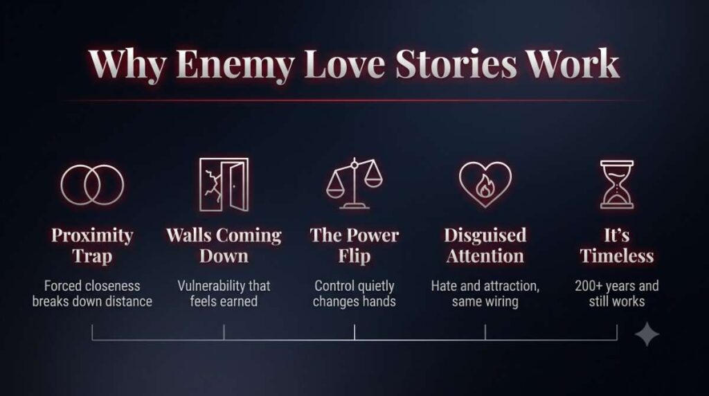 Infographic showing five reasons why enemy love stories keep readers hooked