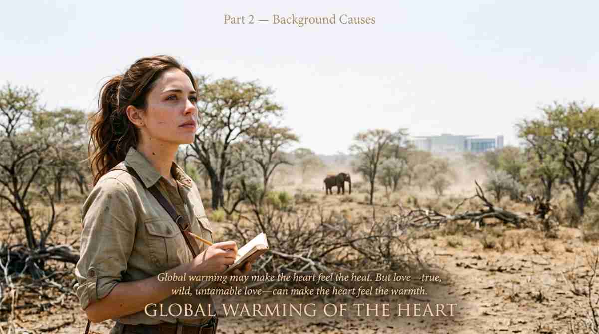 Global Warming of the Heart — Part 2: Background Causes Global Warming of the Heart — Part 2. Dr. Mily Anderson stands alone at the edge of the dying Thornwood jungle at harsh midday. A single thin elephant searches for water in the distance. A slow burn romance serial about global warming and untamable love.