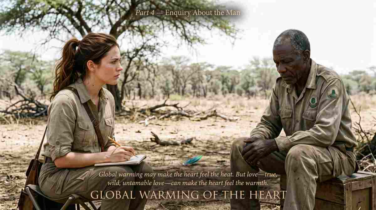Global Warming of the Heart — Part 4. Dr. Mily Anderson sits under an acacia tree with Joseph, learning the truth about Kaelen Underwood. A single bright feather lies on the dry earth between them. A slow burn romance serial about global warming and untamable love.