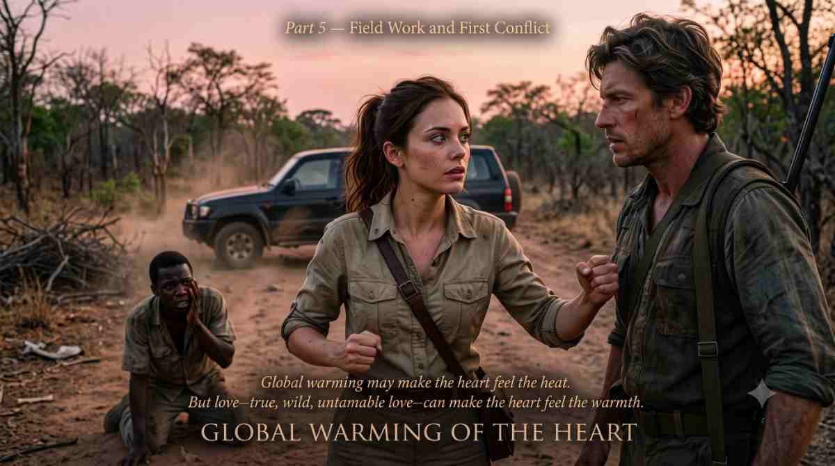 Global Warming of the Heart — Part 5 Field Work and First Conflict Global Warming of the Heart — Part 5. Dr. Mily Anderson stands between Kaelen Underwood and a fallen local man at dusk. Her eyes are green fire. A slow burn romance serial about global warming, poaching, and untamable love.