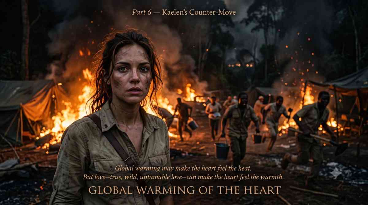 Global Warming of the Heart — Part 6. Dr. Mily Anderson watches her camp burn. Flames devour the tents. She does not run. Her eyes are wet but fierce. A slow burn romance serial about global warming, poaching, and untamable love.