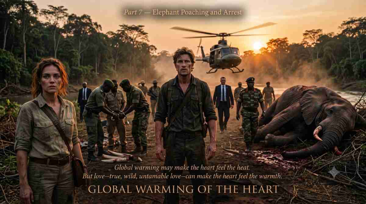 Global Warming of the Heart — Part 7. Kaelen Underwood stands frozen as American officials emerge from helicopters. A dead tusker lies on the ground. Dr. Mily Anderson watches from the edge of the clearing. A slow burn romance serial about global warming, poaching, and untamable love.