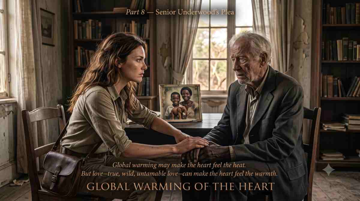 Global Warming of the Heart — Part 8 Senior Underwood’s Plea Global Warming of the Heart — Part 8. Senior Underwood, tears in his eyes, holds Dr. Mily Anderson's hand in his study. A framed photograph of a young Kaelen and his mother rests on the desk. A slow burn romance serial about global warming, poaching, and untamable love.