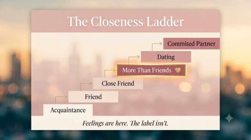 Closeness ladder infographic showing the more than friends meaning, with six steps from acquaintance to committed partner