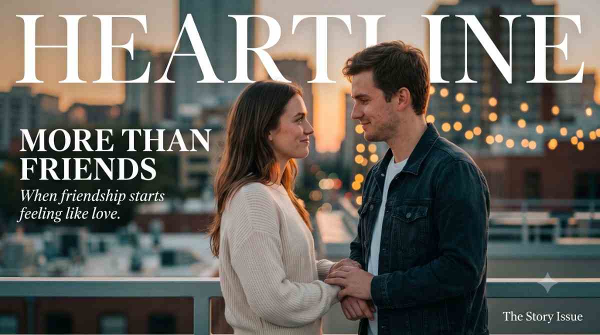 Young couple standing close on a rooftop at sunset, illustrating the more than friends meaning