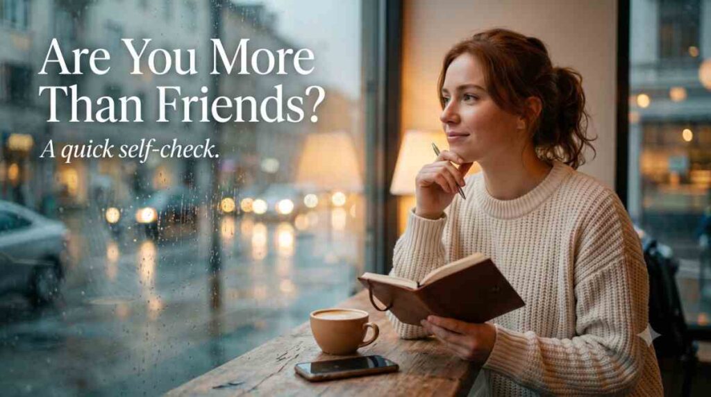Woman sitting by a rainy café window writing in a notebook, reflecting on the more than friends meaning